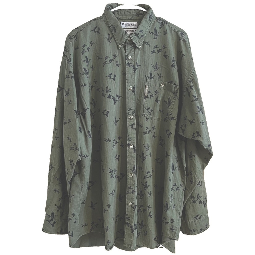 VTG Columbia AOP Geese Waterfowl Button Down Sz XXL Hunting Novelty Camo Green